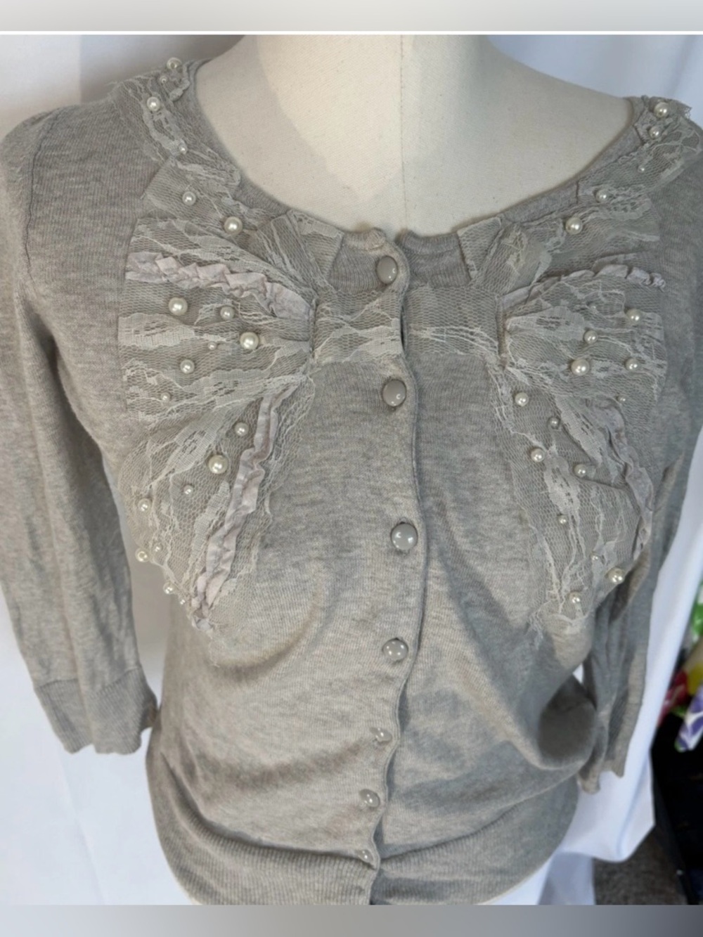 The Limited Lace pearl Lightweight Women's Cardigan  Medium 3/4 Sleeve Gray